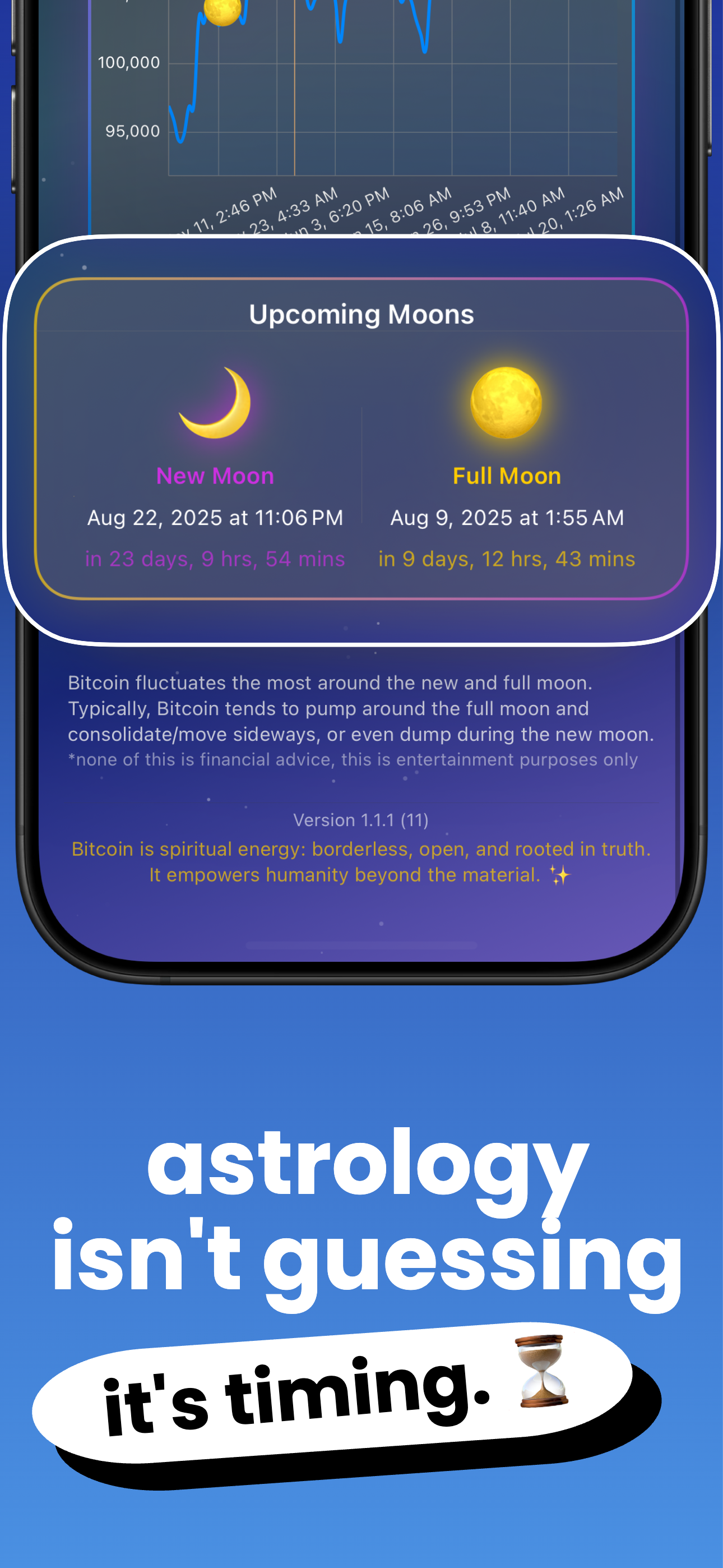 Screenshot of Moonrun app showing astrology and crypto correlation
