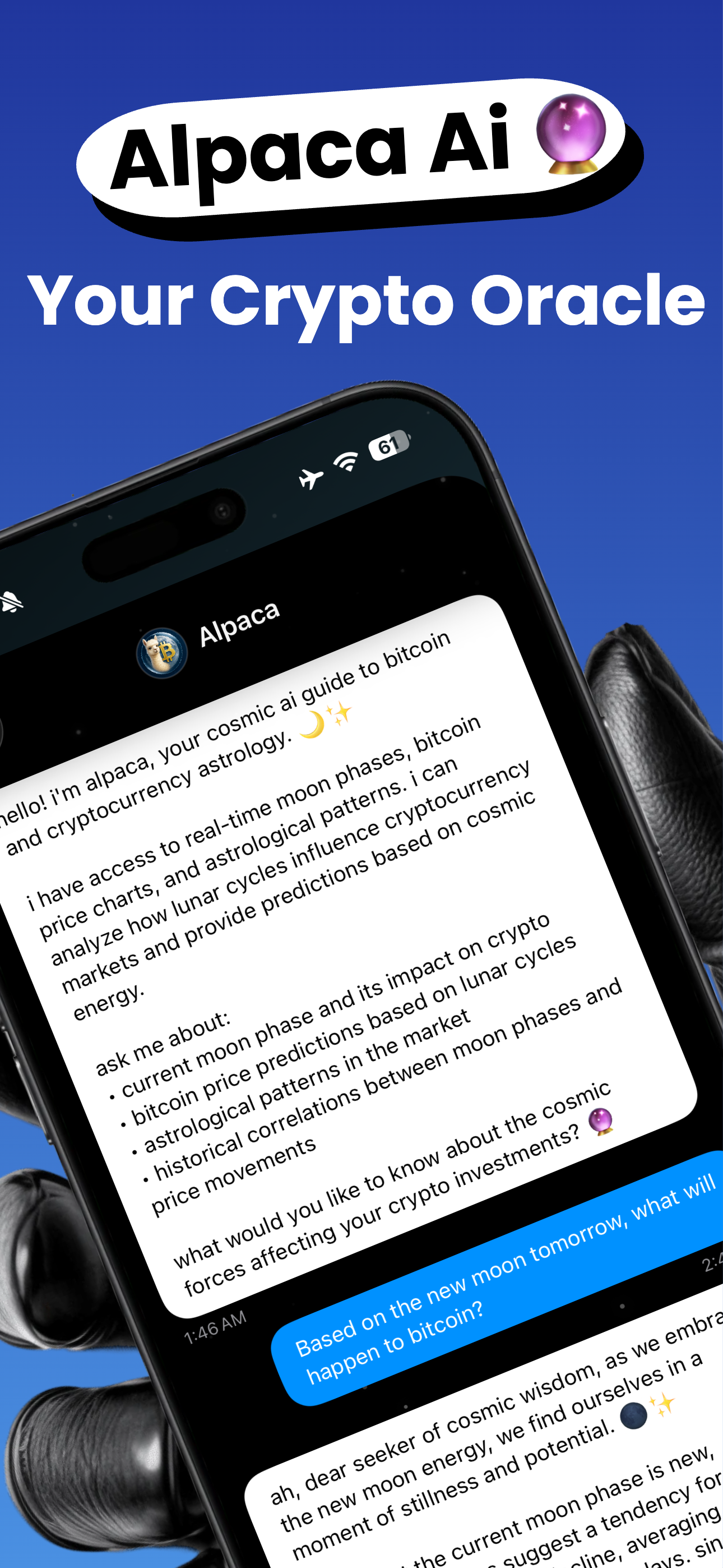 Screenshot of Moonrun app with AI chat for astrology and stock prediction