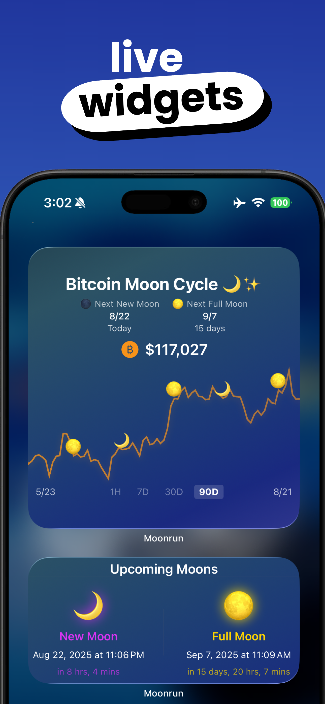 Screenshot of Moonrun app widget showing crypto and moon phases